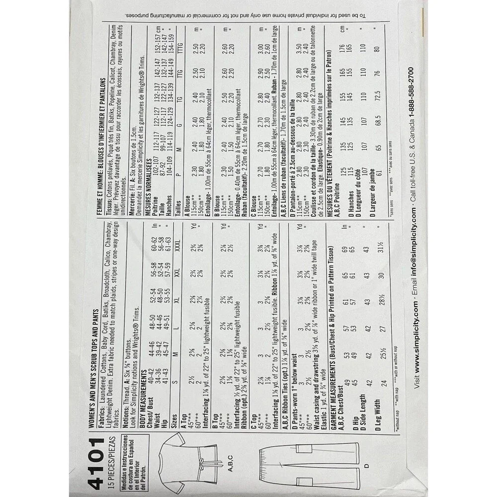 Pattern Unisex Size AA S M L Medical Scrubs Tops Pants Simplicity 4101 New/Uncut